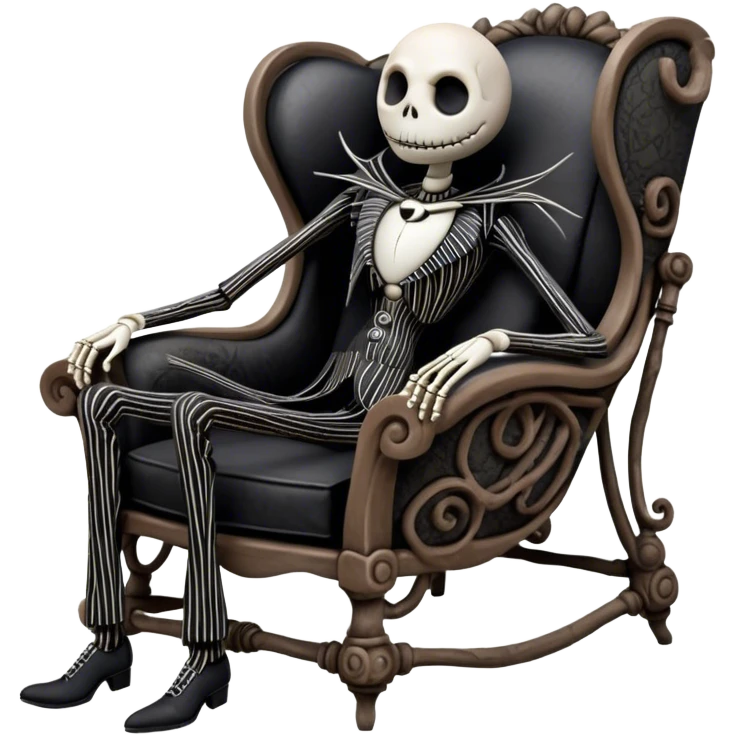 Cinematic 3D ultra realistic 32K HD image of Jack skellington reclining in a boney chair, stunning detail as though captured in a timeless photograph, rich textures, visually rich, so lifelike that it feels like it could leap off the page at any moment emoji