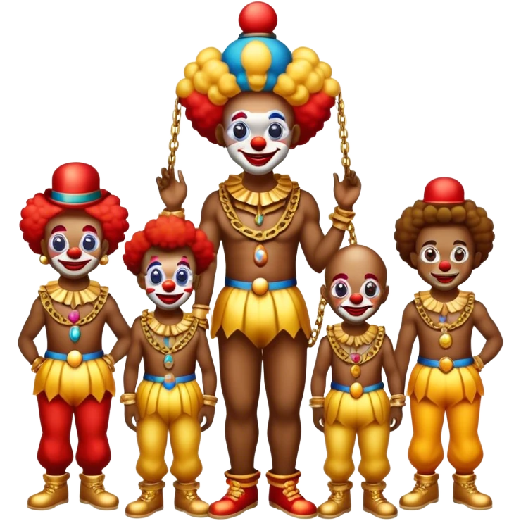Vip zone full of playing clowns with golden chain on the neck. full height  emoji