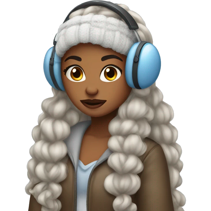 beautiful girl with long flowy hair and pouty lips wearing winter ear muffs emoji