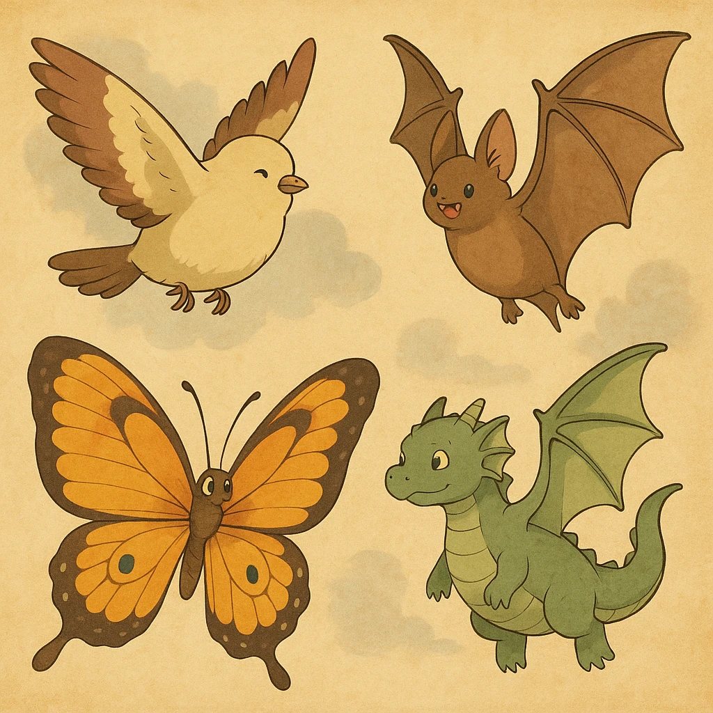 a whimsical collection of animals with wings including a bird, bat, butterfly, and dragon in ghibli style emoji