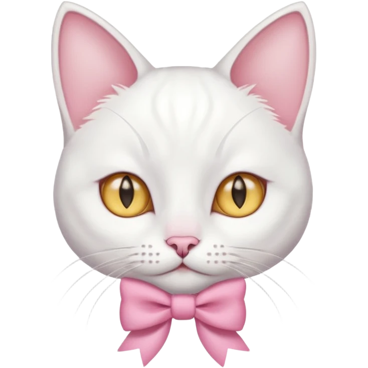 white cat sitting and she has a pink small bow on her right ear,she has golden eyes,she's fully white,even her ears,the only color is the pink small bow on her right ear,the cat is small emoji