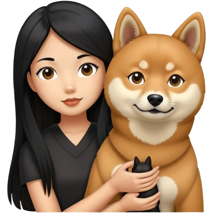 A girl with long black straight hair holding a black Shiba Inu emoji