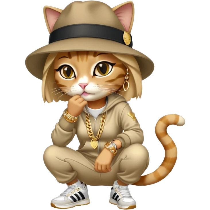 female cat wearing Run DMC hip-hop outfit with tracksuit, fedora, Adidas sneakers, many gold chains, rings, bracelets, flashy earrings, whispering to a friend, no sunglasses emoji