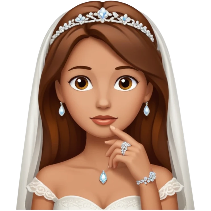 White tanned skin bride with brown hair with a chin on her face emoji