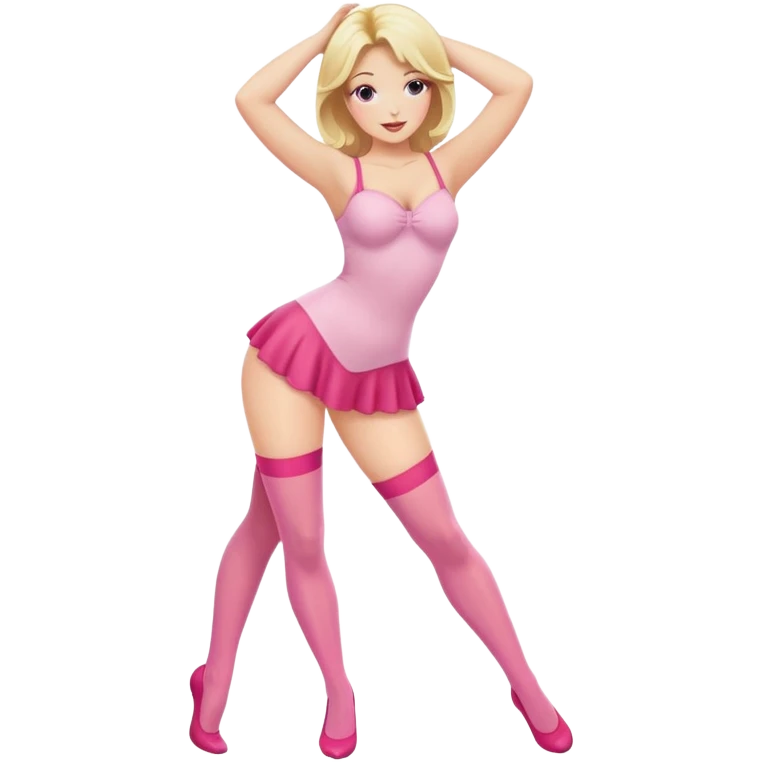 Blonde woman with pronounced curves, pink stockings, feminine pose emoji