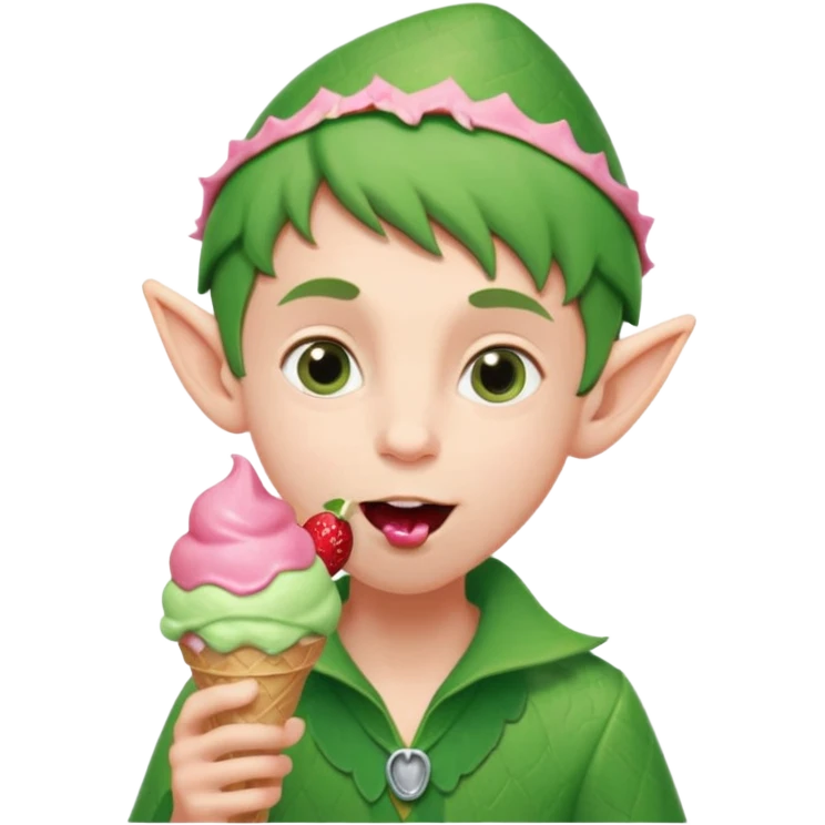 
A young elf boy in leafy clothes licking a triple-scoop ice cream with wide eyes.
baby elf with strawberry ice cream




 emoji