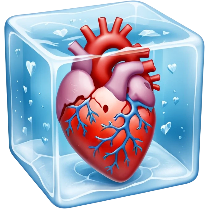 Ultra-realistic photo of a human heart frozen inside a clear ice cube, sharp details, icy texture, frost on the surface, studio lighting, 8k resolution emoji