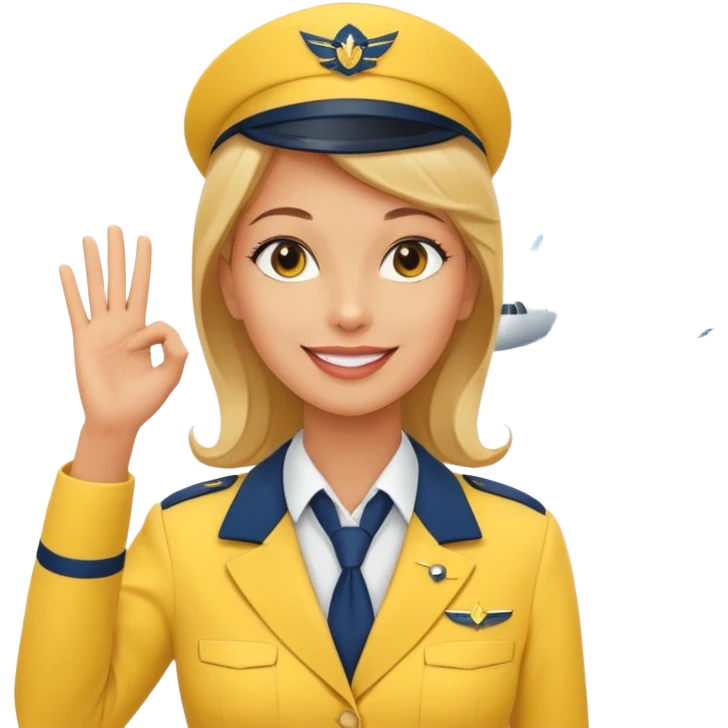 stewardess and airplane behind the stewardess yellow with hand salute emoji