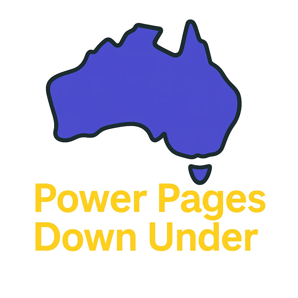 Remove the Power Pages icon. Only show the map of Australia with the text 'Power Pages Down Under' in a clean, modern font. Use #403DAD, vibrant purple, and #fff7ad as accent colors. No digital web overlay emoji