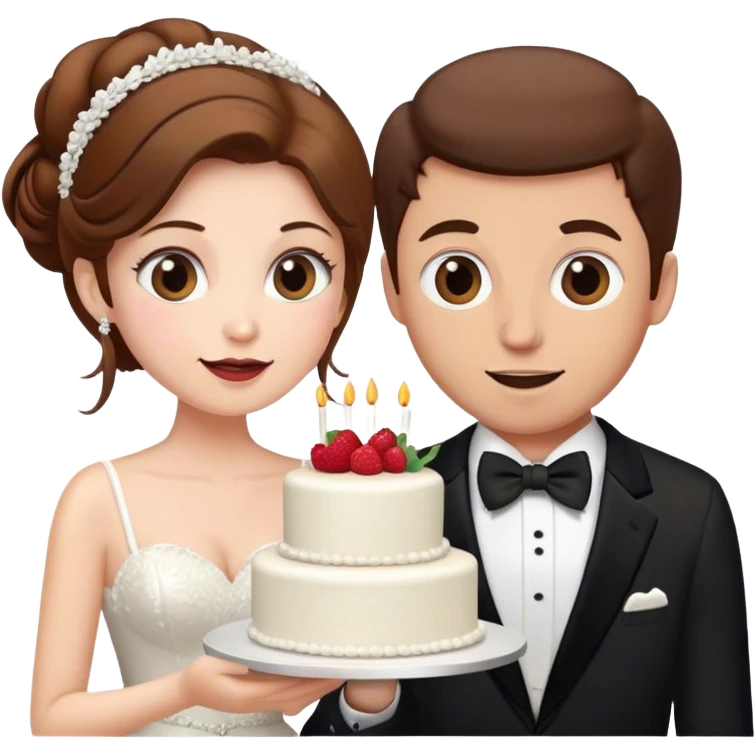 Wedding dress woman with brown hair and man in a tux with brown hair eating wedding cake emoji