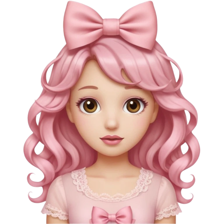 “Emoji girl, doe eyes, long fluttery lashes, soft pink blush, glossy rose lips, ribbon hair bow, romantic curls, wearing pastel pink lace top.” emoji