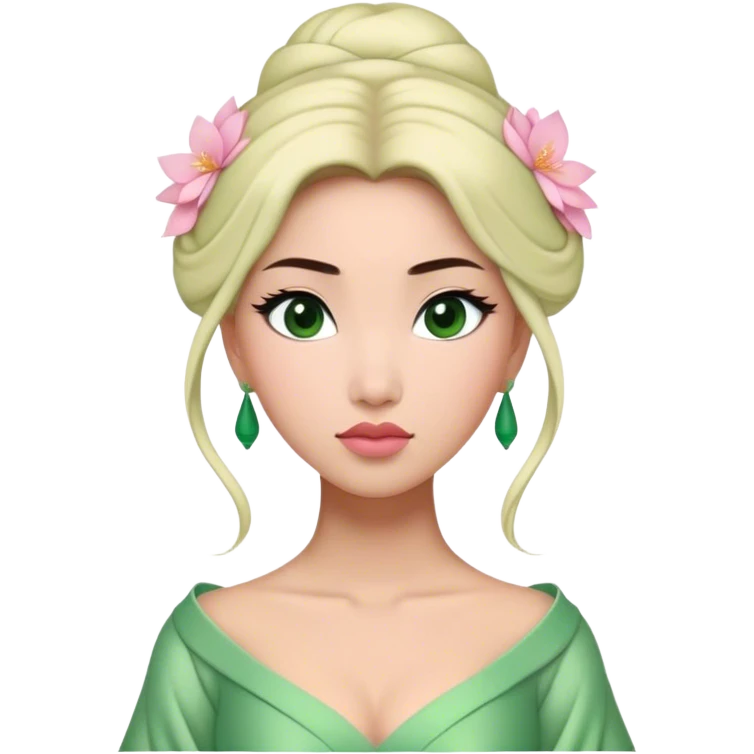 Cinematic Elegant Mulan Portrait Emoji, Dressed in her delicate green matchmaker gown, soft pink makeup, hair pinned perfectly, looking wistful yet radiant, eyes reflecting the depth of her spirit, capturing both her beauty and inner strength! emoji