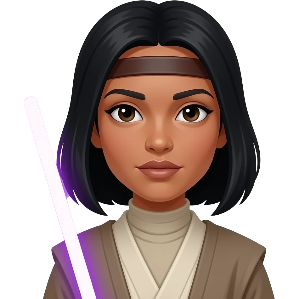 Female Jedi with single purple lightsaber,slightly darker slintone, with hajarb, black hair emoji