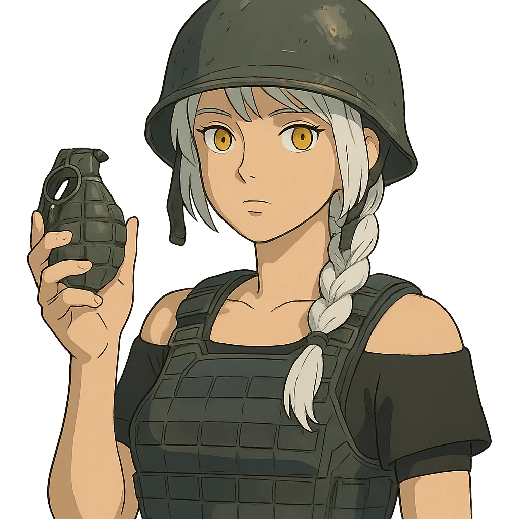  a closeup portrait of young woman with gold yellow eyes, white hair, long braid, black off-shoulder top d-cup, punk gothic style, futuristic cyberwave cyberpunk,  she has a plate carrier armor vest , and a old-style steel bulletproof combat helmet. holding up a m67 hand grenade  emoji