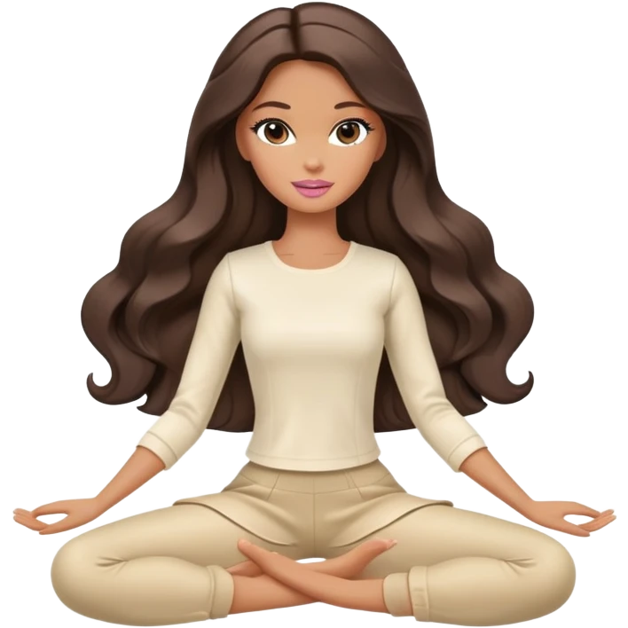 A white Barbie girl with long dark brown wave hair in a cream clothes Sitting on the splits emoji