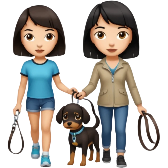 dark brown short haired girl walking a black haired girl with bangs on a dog leash emoji