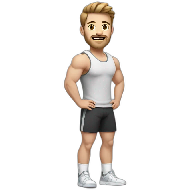 Full height Actively gesturing with hands Pale skinned Fit Man With the biceps and brown hair in dark gray Sleeveless Mike, black oversize sports shorts and white Sneakers emoji