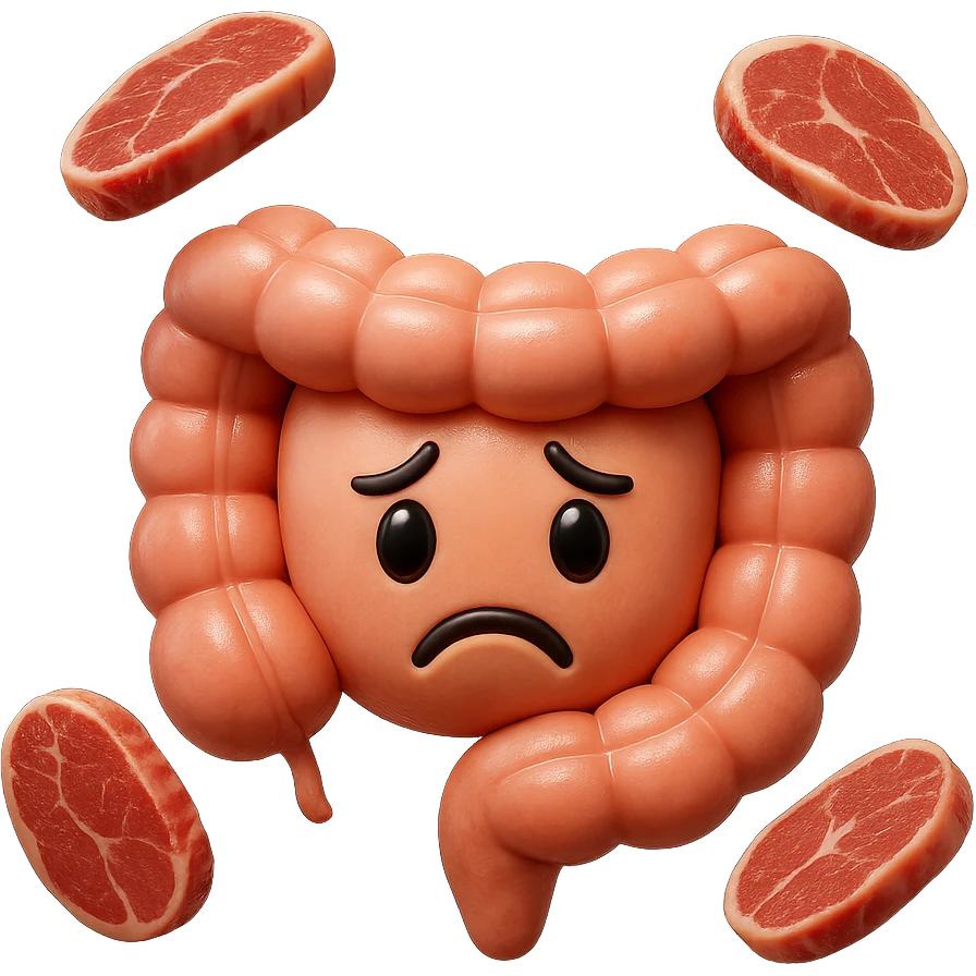 emoji stile iphone in 3d di un intestino triste
 con fette di carne che gli fluttuano intorno, iperrealistico 4k emoji
