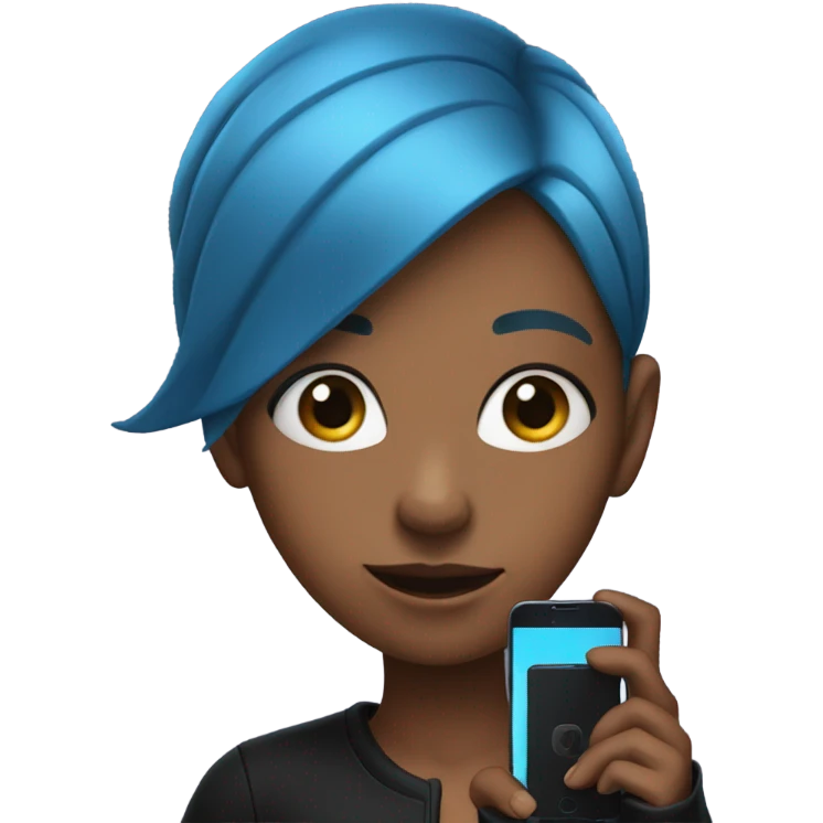 girl with blue hair in black clothes holding a phone emoji