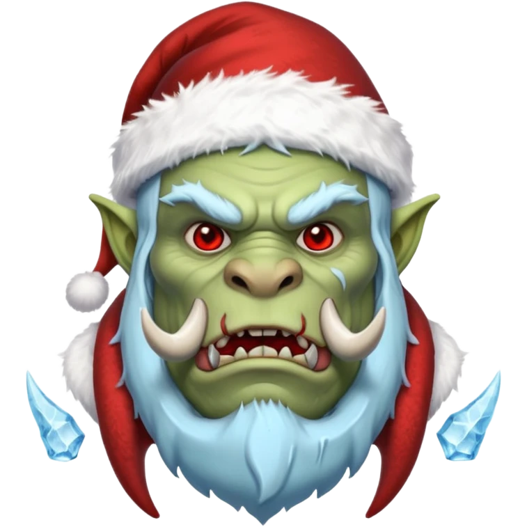 Fantasy orc emoji portrait, Santa Claus hat stretched around tusks, tusks covered with ice and crimson frost cracks, cold predator expression, winter hunt atmosphere, minimal clean emoji design, male/female variant
 emoji