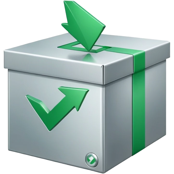closed box with a circular arrow and green checkmark icon above the box, upper right emoji