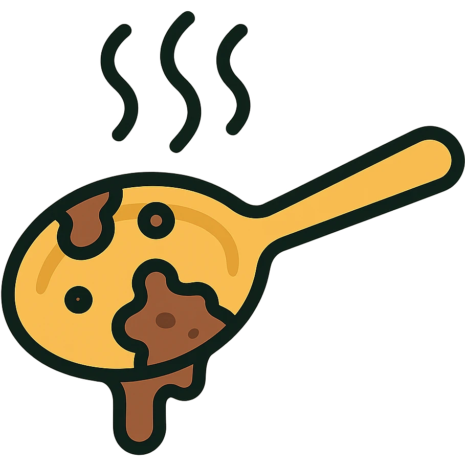 very dirty used spoon with foul odor vapors, icon style, clear lines, simple color palette, emphasizes grime and smell emoji