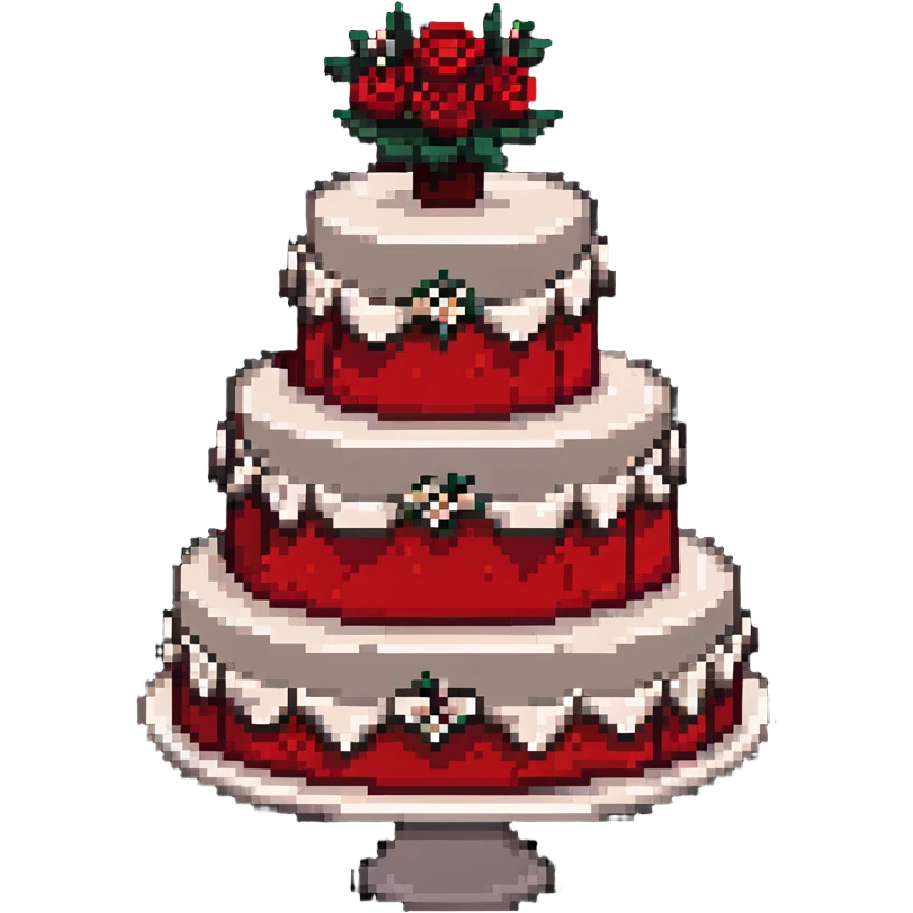 Red wedding cake with white frosting details and small roses emoji