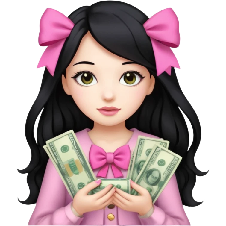 Menina de cabelo preto longo , laços rosas , dinheiro , luxo emoji