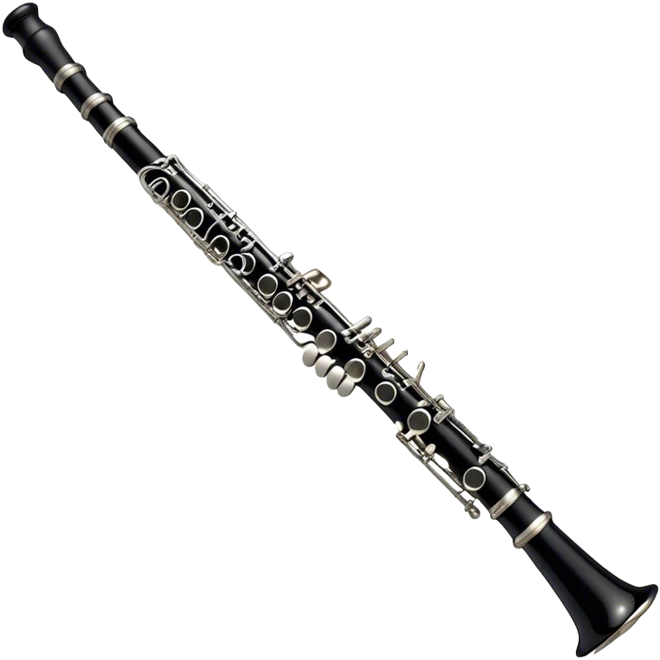 Create an emoji, representing a black standard clarinet. The design should feature a smooth, glossy black body of the clarinet with shiny, silver keys clearly visible. Highlight the intricate details of the mouthpiece and reed at the top, while the body of the instrument should remain simple and elegant. Add subtle musical notes or soundwaves floating around the instrument to symbolize its clear, melodic sound. Use black for the body, silver for the keys, and soft lighting effects to give the instrument a polished, sophisticated look. The background should be transparent. emoji