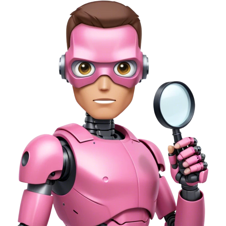friendly looking schwarzenegger-looking half robotic half human pink terminator holding magnifying glass, upper body emoji