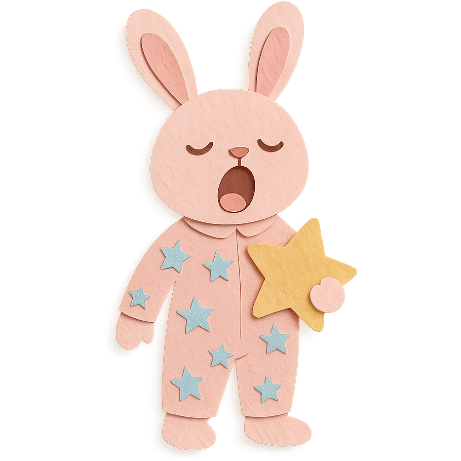 full-body pastel pink bunny in star-pattern pajamas, holding a star-shaped pillow, yawning with sleepy eyes, standing pose, paper-craft style emoji