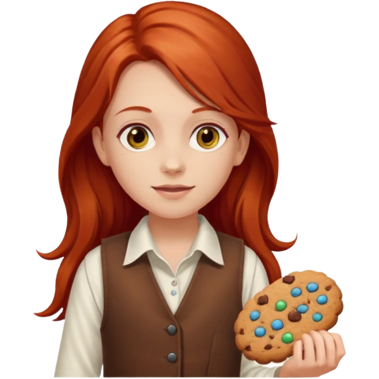 white girl scout with red long hair selling cookies with a brown vest and white shirt under vest. She should be around 10 years old emoji