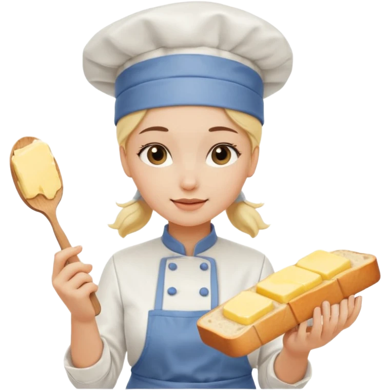 Young female baker - white chef hat, spreading butter on bread emoji