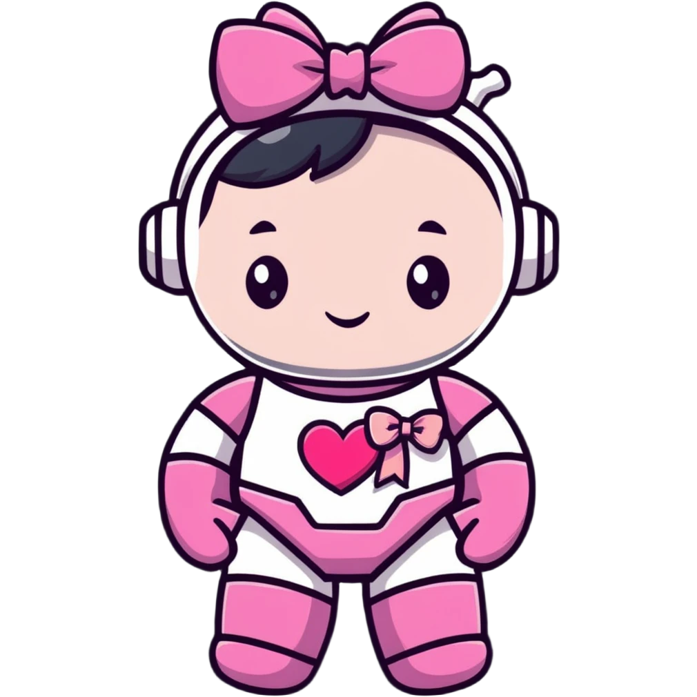adorable pink robot girl with a hair bow and heart patterns emoji