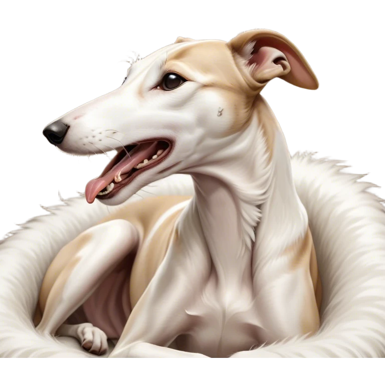 Cinematic Cute Yawning White and Brown Greyhound Portrait Emoji, Head tilted slightly with a dramatic, wide-open yawn, showcasing a pristine white Fur with bold brown markings, floppy ears slightly drooping, round eyes barely open in drowsy contentment, Simplified yet irresistibly adorable features, highly detailed, glowing with a soft, cozy glow, high shine, relaxed yet expressive, stylized with a touch of whimsy, bright and endearing, soft glowing outline, capturing the essence of a sleepy yet affectionate companion, so drowsy it feels like it could stretch out of the screen and curl up for a nap! emoji