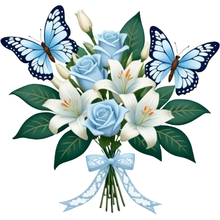 A classic bouquet of pale blue roses, delicate white lilies, and trailing jasmine, tied together with an embroidered ivory ribbon. A butterfly with lace-like wings hovers nearby, casting a soft, intricate shadow over the bouquet. emoji