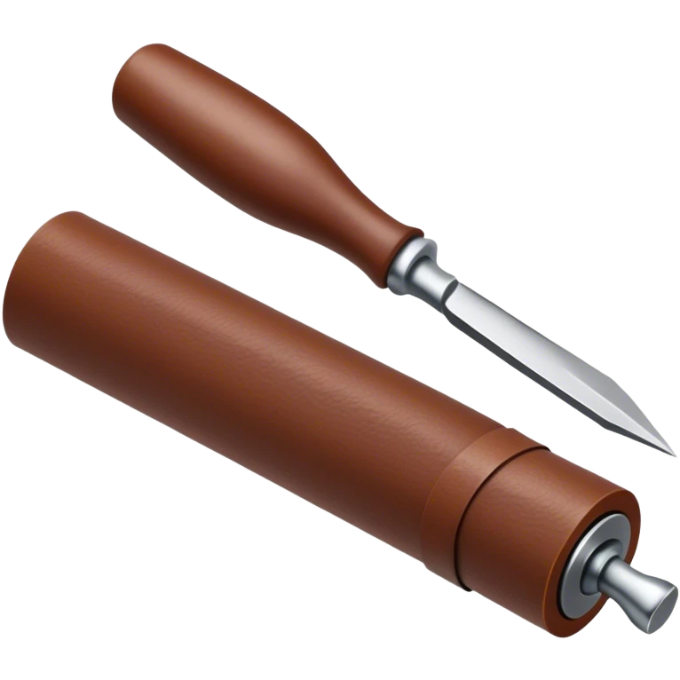 Leatherworking icon, partially unrolled raw leather roll, carving tools like engraver needle or chisel, stamp or press, textured surface, minimalistic style, clean lines, transparent background. emoji