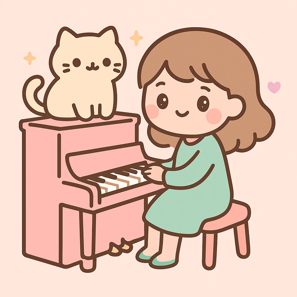 woman playing piano while her cat sits on top of the piano emoji