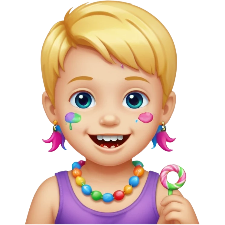 A toddler with candy necklace, grinning with colorful sugar stains on her mouth. emoji