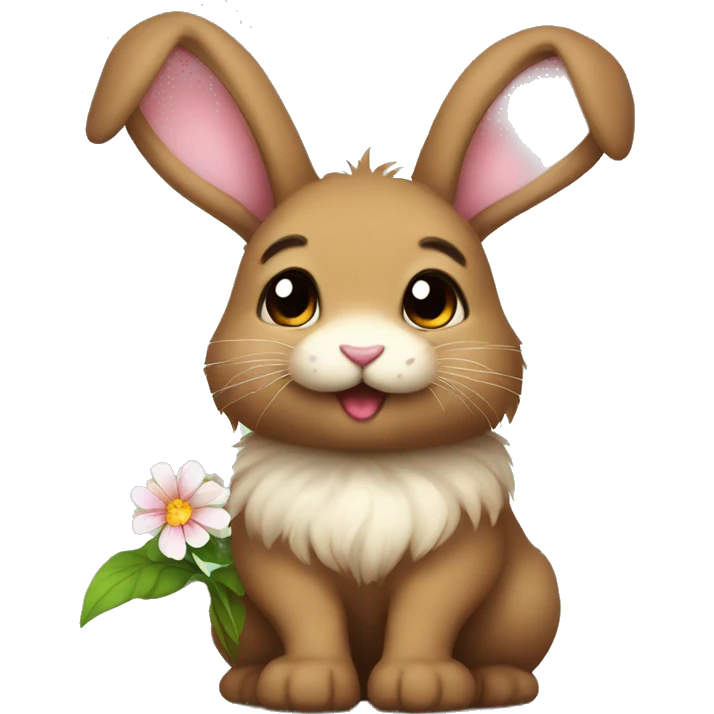cute super fluffy brown bunny with a flower emoji