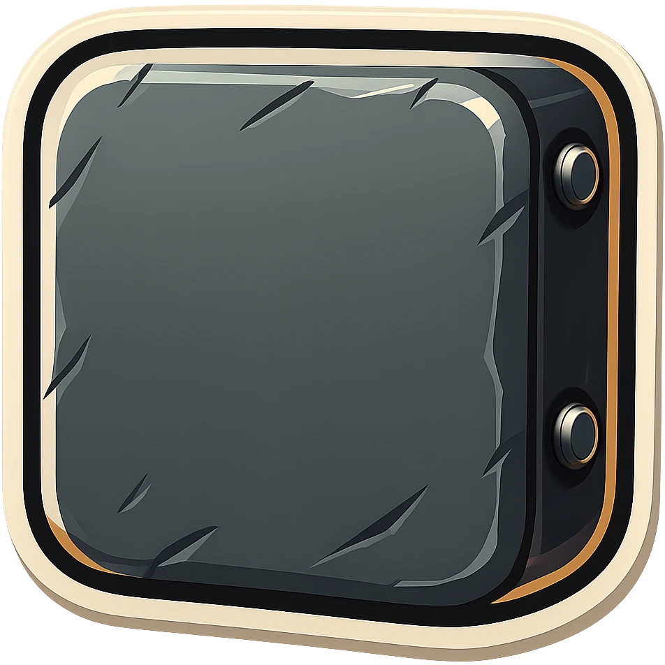 Add metallic rivets to the visible side edge of the metal slab, so the rivets are seen from the side and not the front, in retro sticker style. Keep the background transparent as requested. emoji