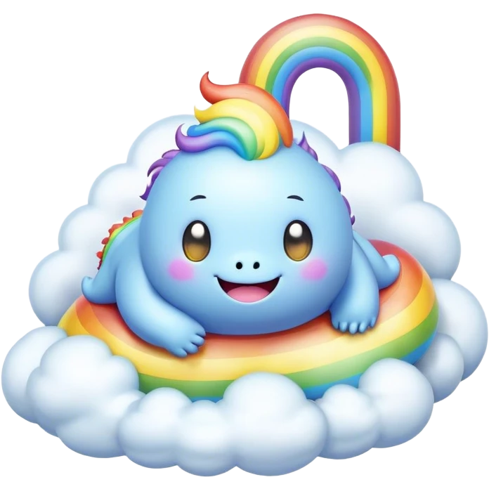 3D, Kawaii derpy fat rainbow monster laying on a magic rainbow cloud, rich textures, visually detailed, so lifelike that it feels like it could leap off the page at any moment emoji