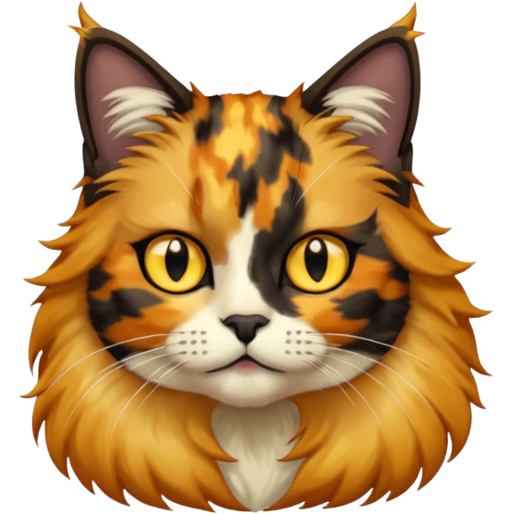 long hair tortoiseshell cat with a black face and yellow lightning mark above left eye emoji