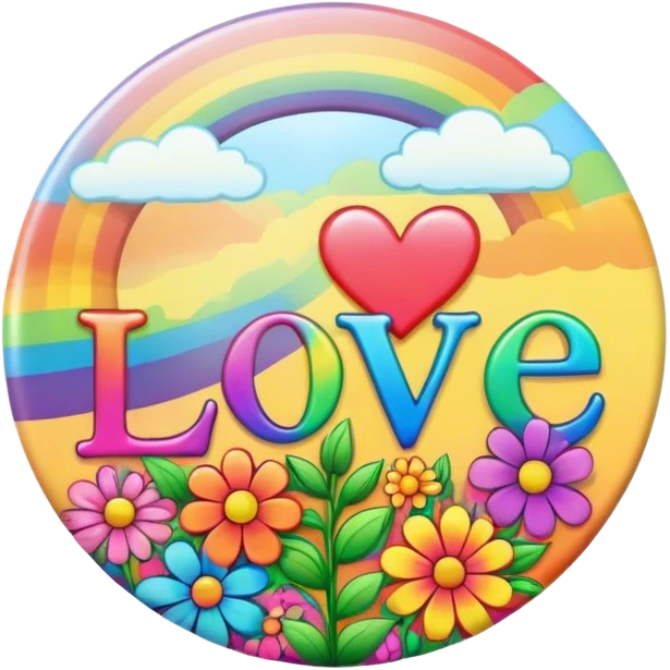 A round psychedelic colored button that says love with rainbow colored hippie style flowers emoji