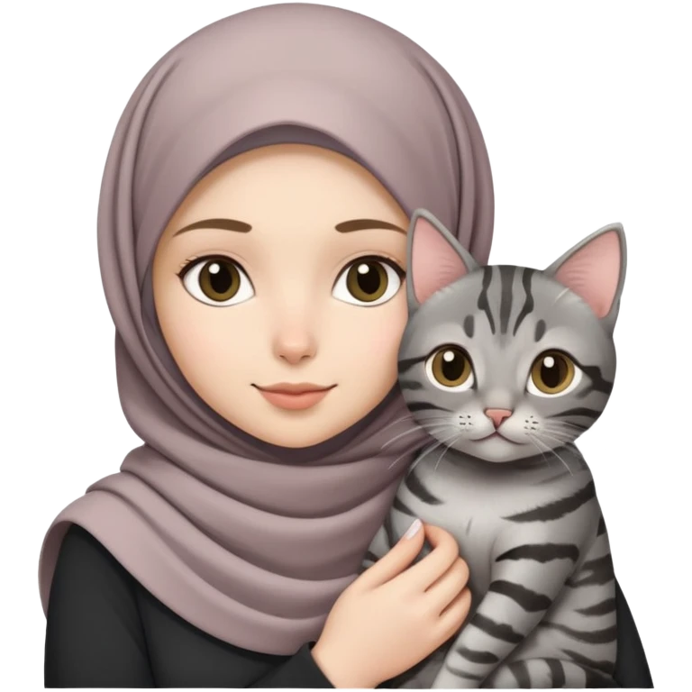 White girl wearing cute hijab holding a black gray tabby cat emoji