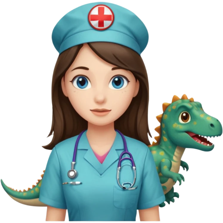 pretty brunette nurse with long hair and blue eyes in dinosaur pattern scrubs emoji