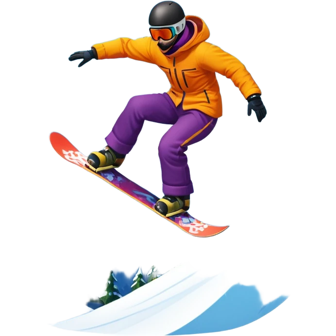 An icon showing a snowboarder performing an exciting jump on a snow-covered slope. The background features towering mountains, snow-covered trees, and a bright, clear sky. Transparent background highlights the speed, agility, and thrill of snowboarding. emoji