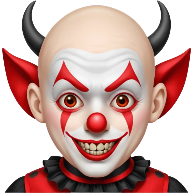 Crea un payaso que tenga toda la parte de la cara pintada de blanco que también de blanco esté la calva que no tenga pelo que tenga unas orejas como de duende, unos dientes picudos, unos cuernos de color negro y un traje de payaso rojo con negro emoji