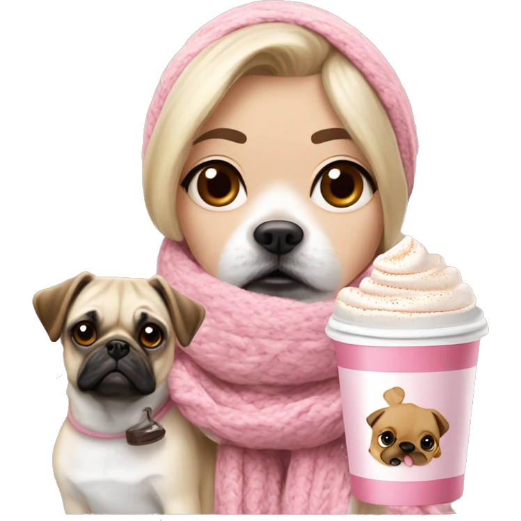 Blonde girl with white scarf pink jumper cup of hot chocolate, marshmallows a flake and cream. With a jack russel mix pug brown dog emoji