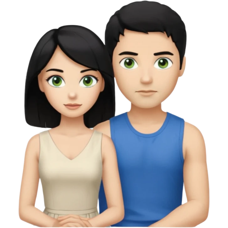 prince,  black Hair, blue eyes, garment,  woman, siiting in man white sleveless dress, blonde hair, green eyes, emoji